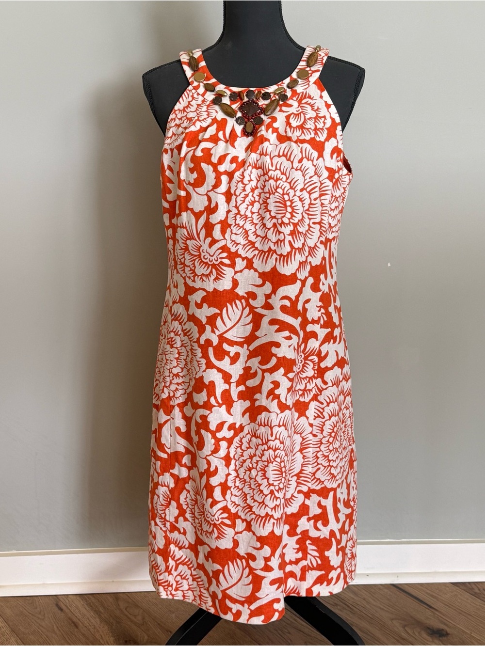 Jessica Howard Orange and White Linen Floral Dress with Beaded Neckline